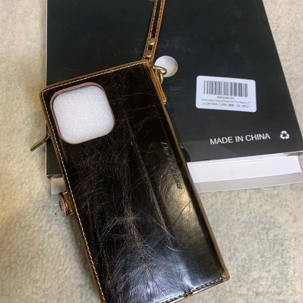 Defencase Brown Leather Wallet Case for iPhone 14 Pro Max with Zipper Pocket and
